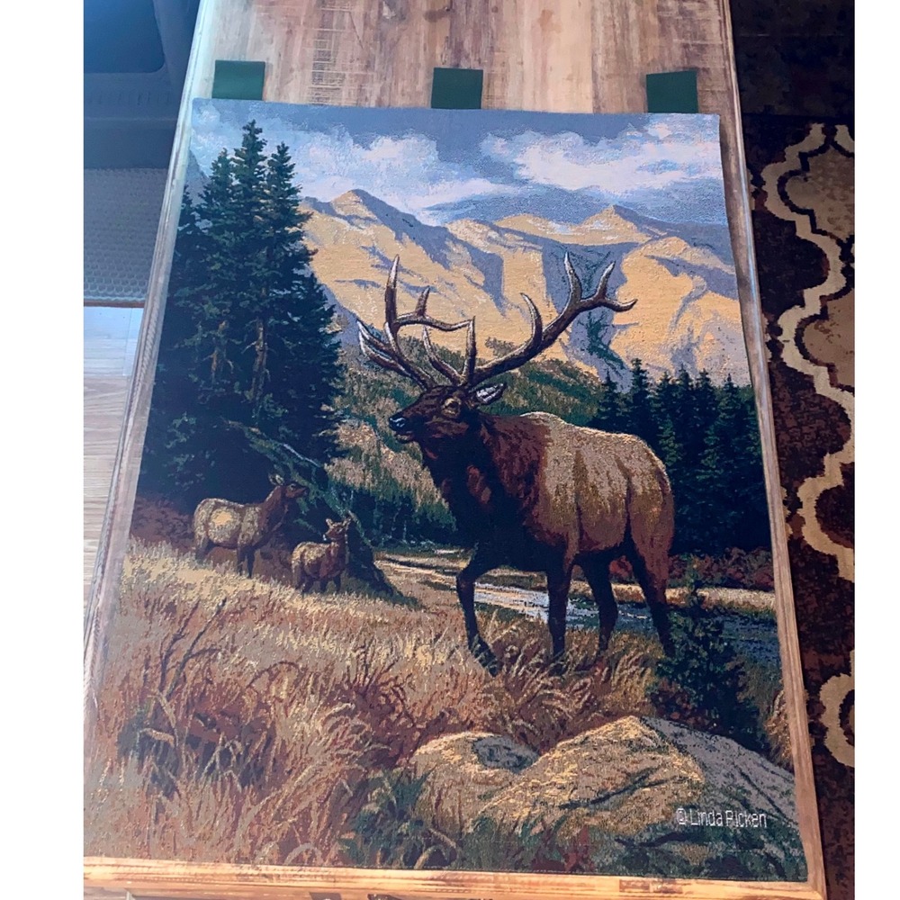Linda Picken Elk Tapestry Wall Hanging Cabin Decor Mountain Art